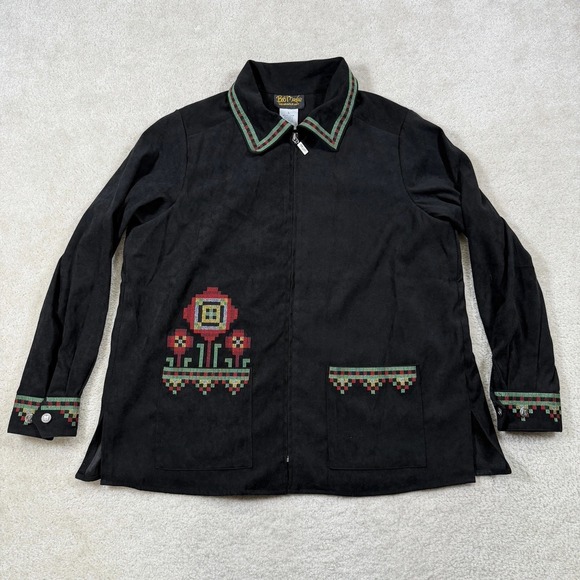 Bob Mackie Jackets & Blazers - Bob Mackie Wearable Art Shacket Womens L Black Floral Embroidered Full Zip